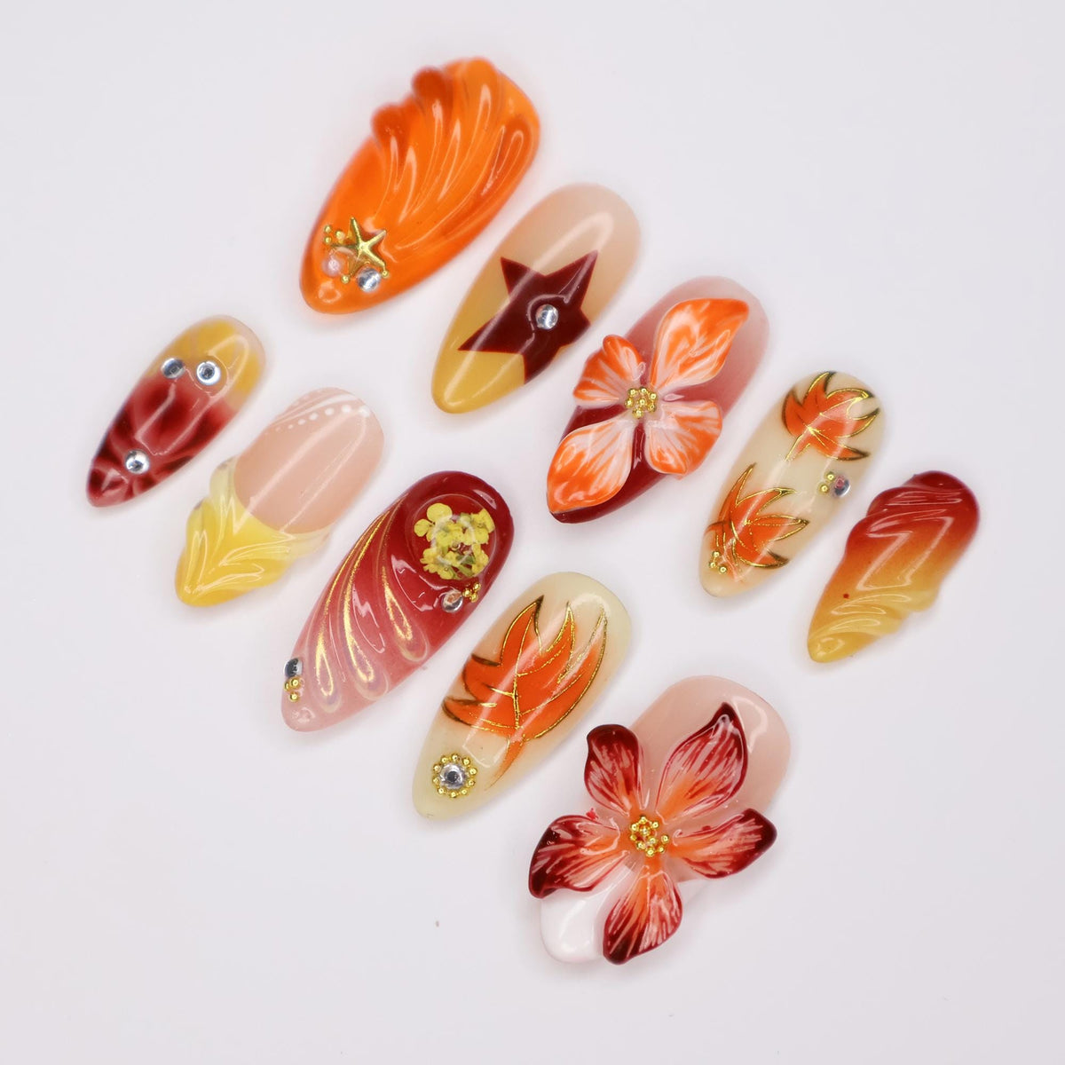 Autumn Floral Press On Nails with Painted Leaves, Flame Accents and Rhinestones