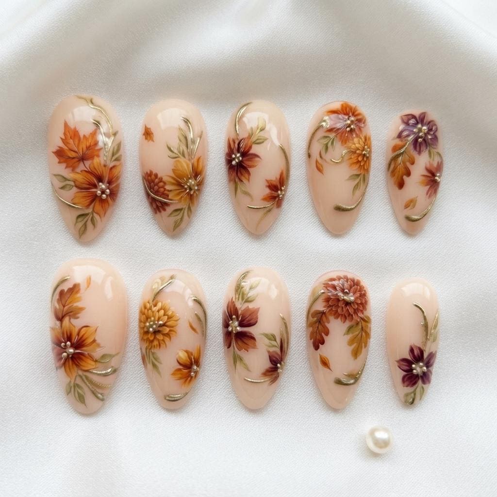 Autumn Floral Press-On Nails with Raised Flowers, Pearl Centers and Gold Accents