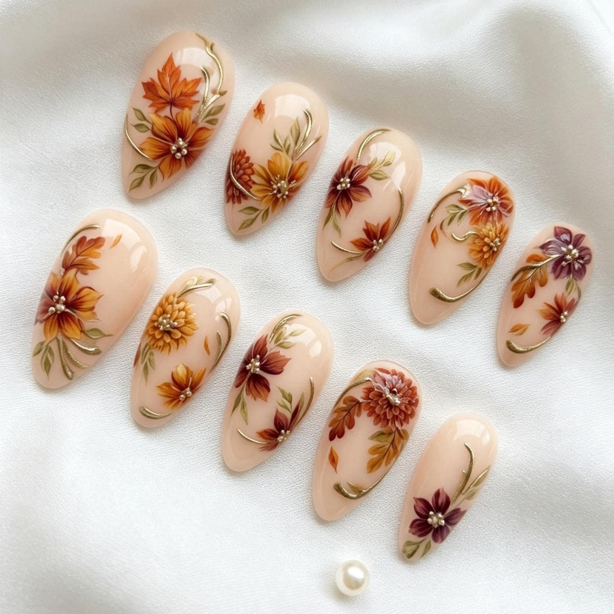 Autumn Floral Press-On Nails with Raised Flowers, Pearl Centers and Gold Accents