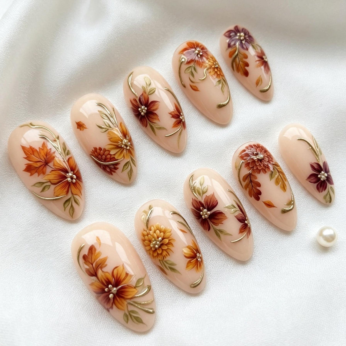Autumn Floral Press-On Nails with Raised Flowers, Pearl Centers and Gold Accents