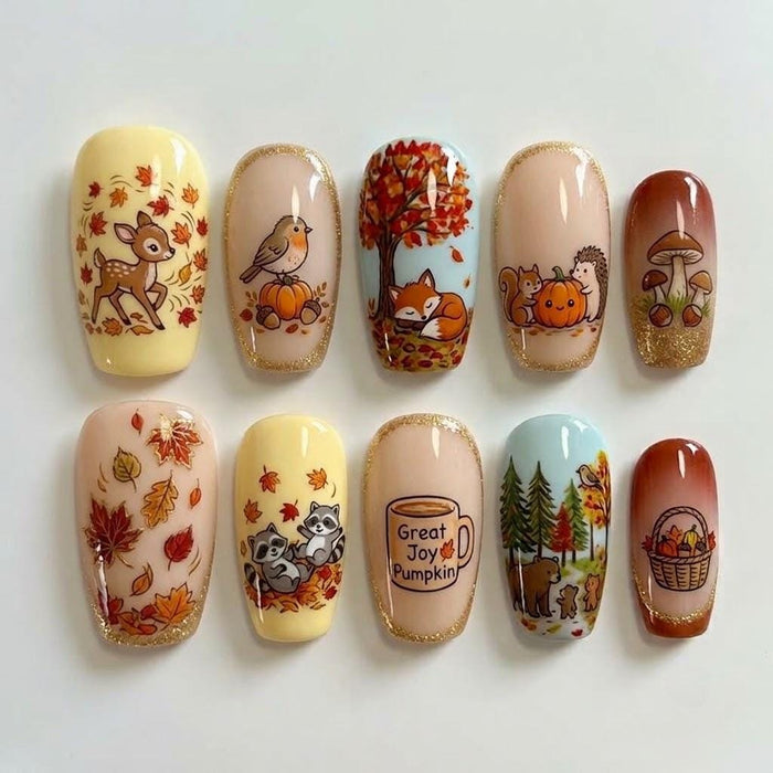 Autumn Forest Animal Press On Nails With Pumpkins, Mushrooms, and Gold Edging