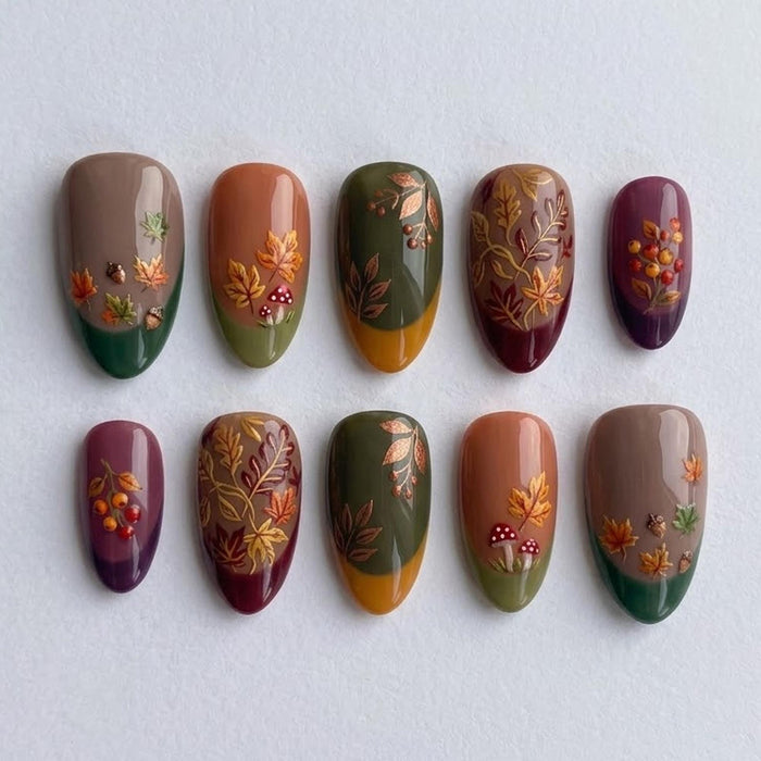 Autumn Forest Press-On Nails With Maple Leaves, Mushrooms, and Berries
