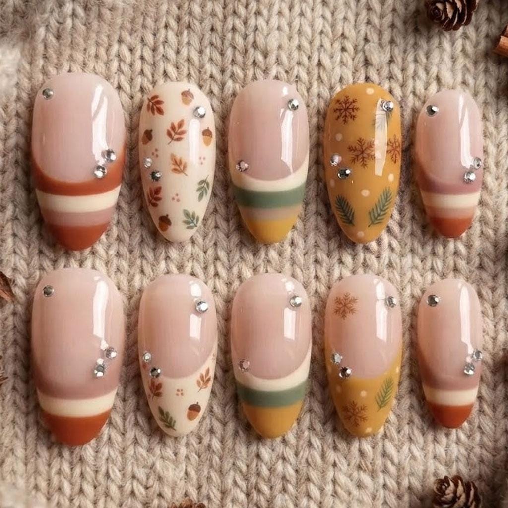 Autumn French Tip Press On Nails With Leaf Details and Silver Rhinestones