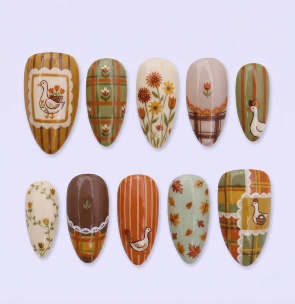 Autumn Goose Press On Nails With Plaid, Stripes, Flowers and Leaves