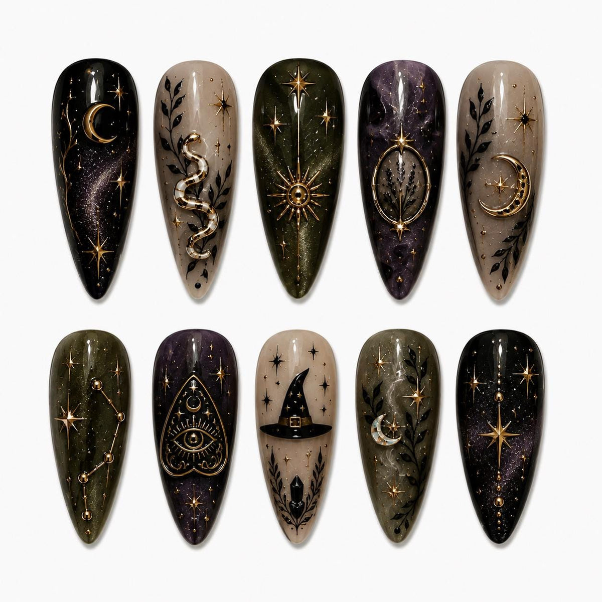 Autumn Gothic Celestial Moon and Snake Nail Set in Black, Green, Taupe and Purple