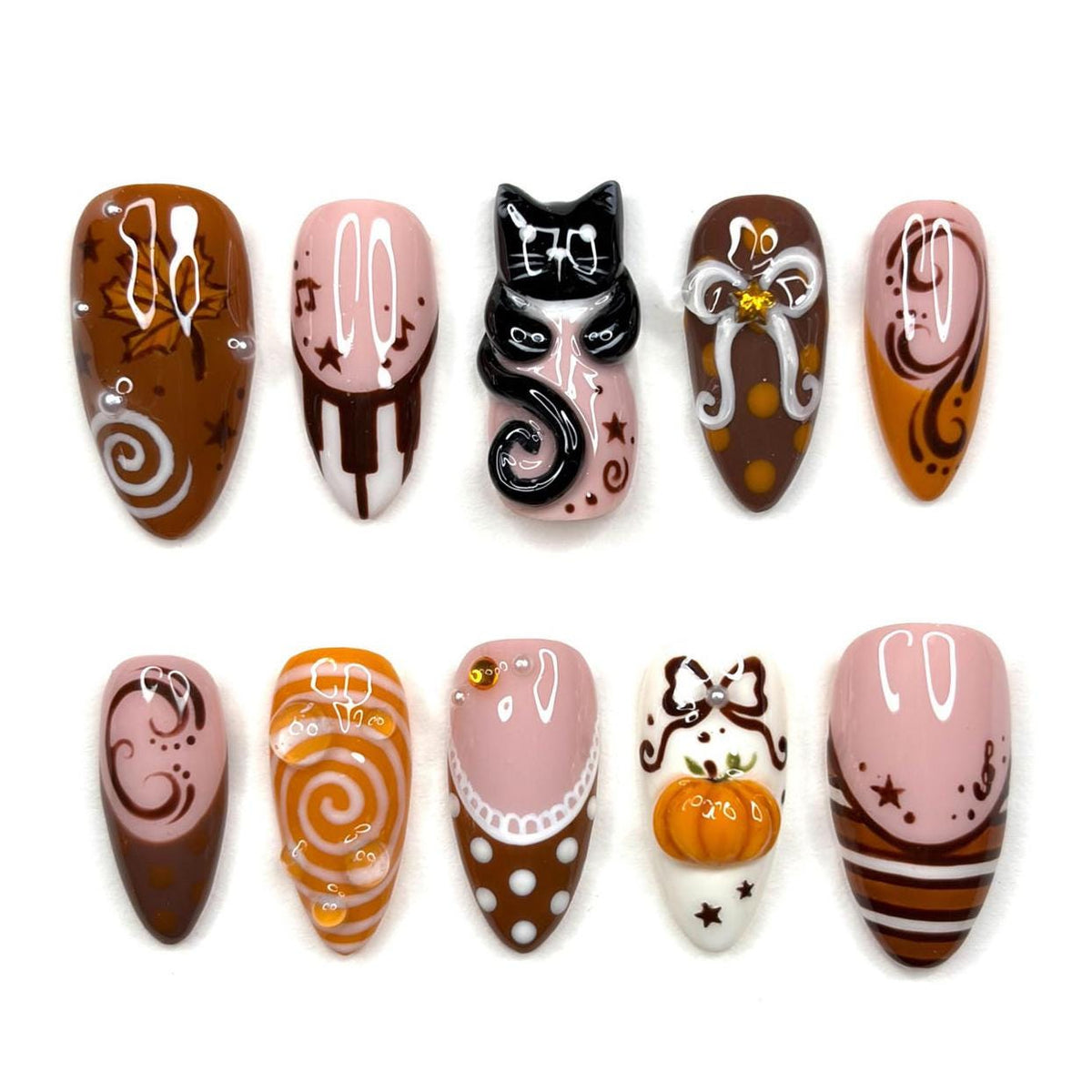 Autumn Halloween Cat and Pumpkin Nail Set in Pink, Brown, and Orange