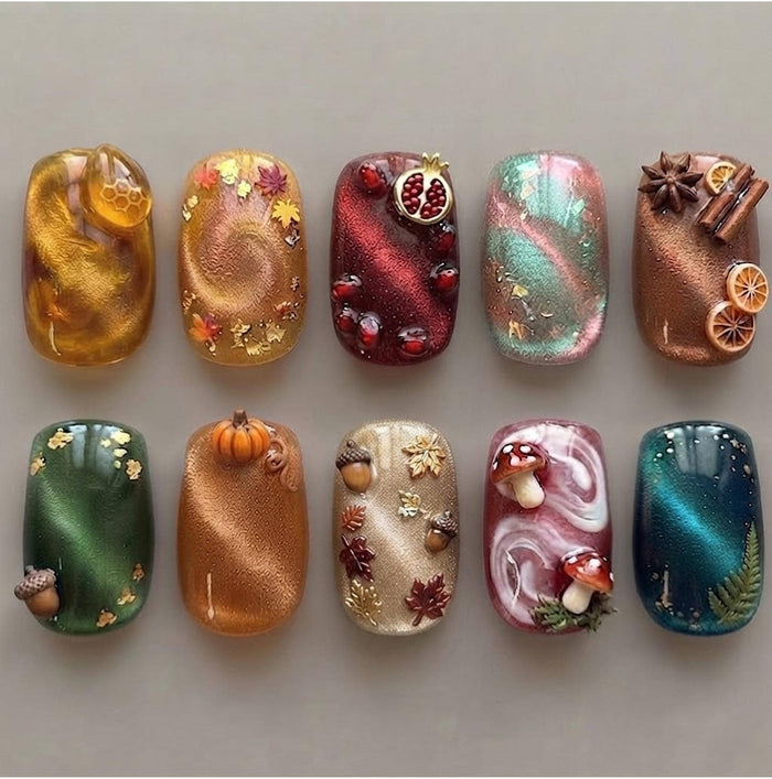 Autumn Harvest Cat Eye Press On Nails With 3D Mushrooms, Pumpkin, Fruit and Fall Leaves