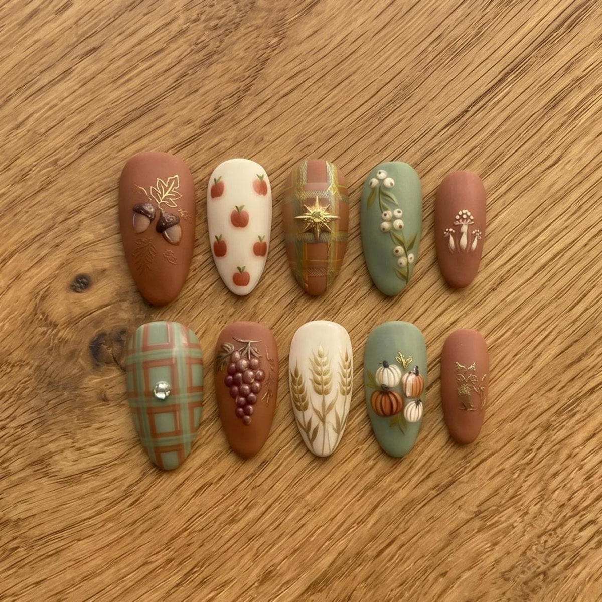 Autumn Harvest Nails With Pumpkins, Grapes, Wheat and Plaid