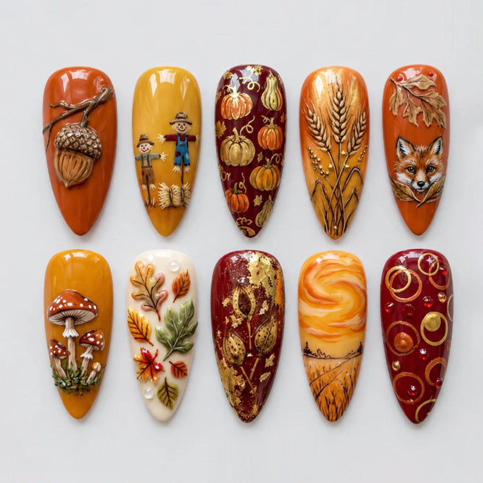 Autumn Harvest Press On Nails With 3D Pumpkins, Fox, Acorns, and Mushrooms