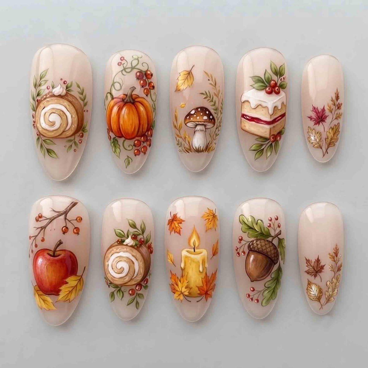 Autumn Harvest Press On Nails With Pumpkins, Mushrooms, Apples & Pastry Art