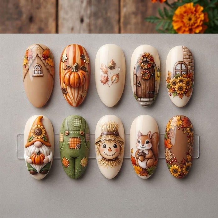 Autumn Harvest Press On Nails With Pumpkins, Sunflowers, Gnome and Fall Leaves