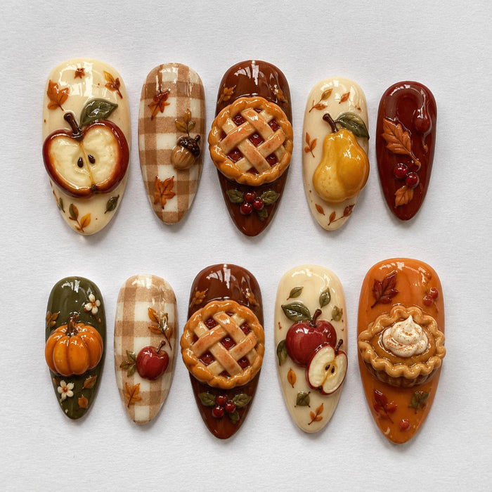 Autumn Harvest Press On Nails With Sculpted Fruit, Pie, Leaves, and Plaid