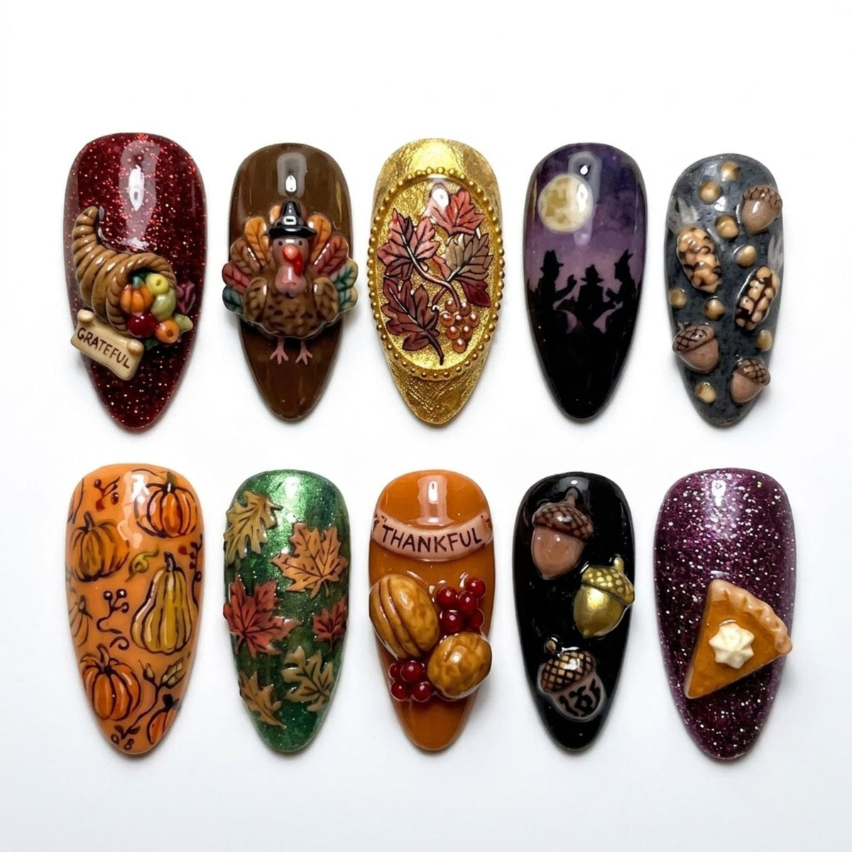 Autumn Harvest Thanksgiving Press On Nails With 3D Pumpkins, Acorns, Turkey and Glitter