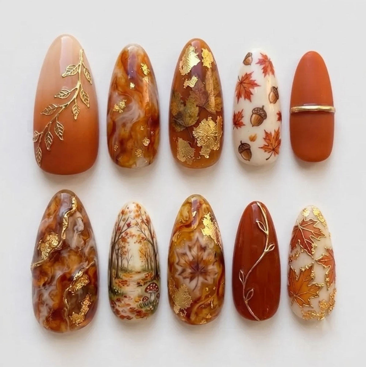Autumn Leaf and Acorn Press-On Nail Set with Gold Foil