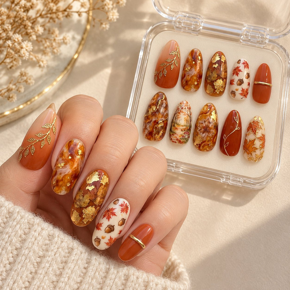 Autumn Leaf and Acorn Press-On Nail Set with Gold Foil worn on hand with acrylic storage box