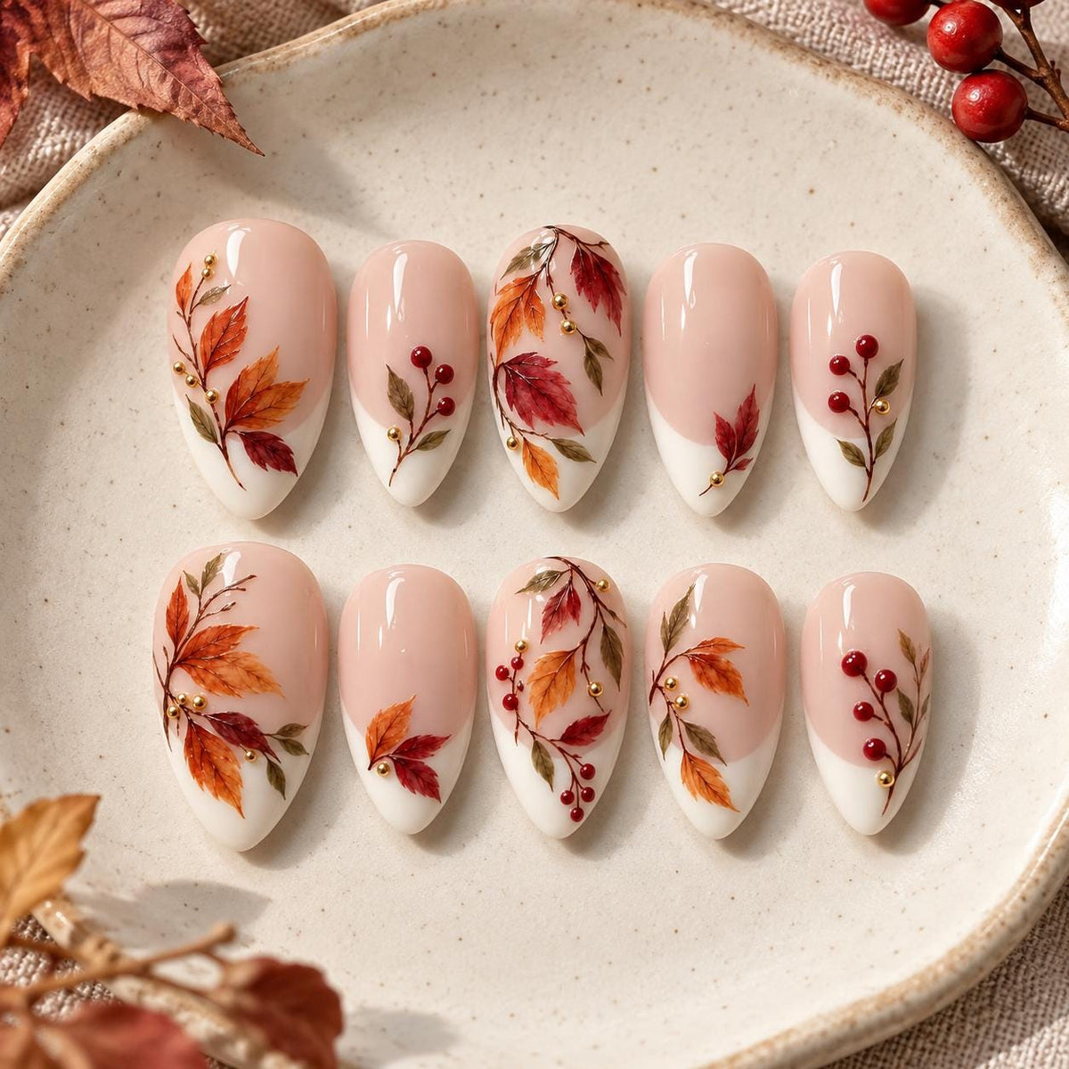 Autumn Leaf and Berry French Tip Press On Nails with Gold Accents