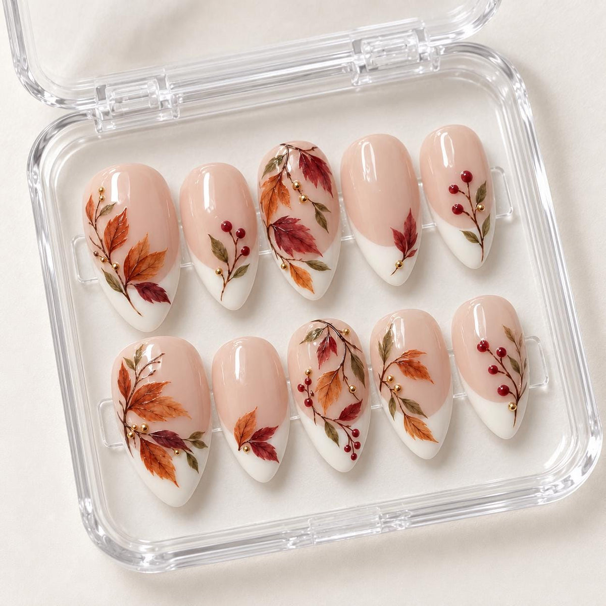 Autumn Leaf and Berry French Tip Press On Nails with Gold Bead Accents