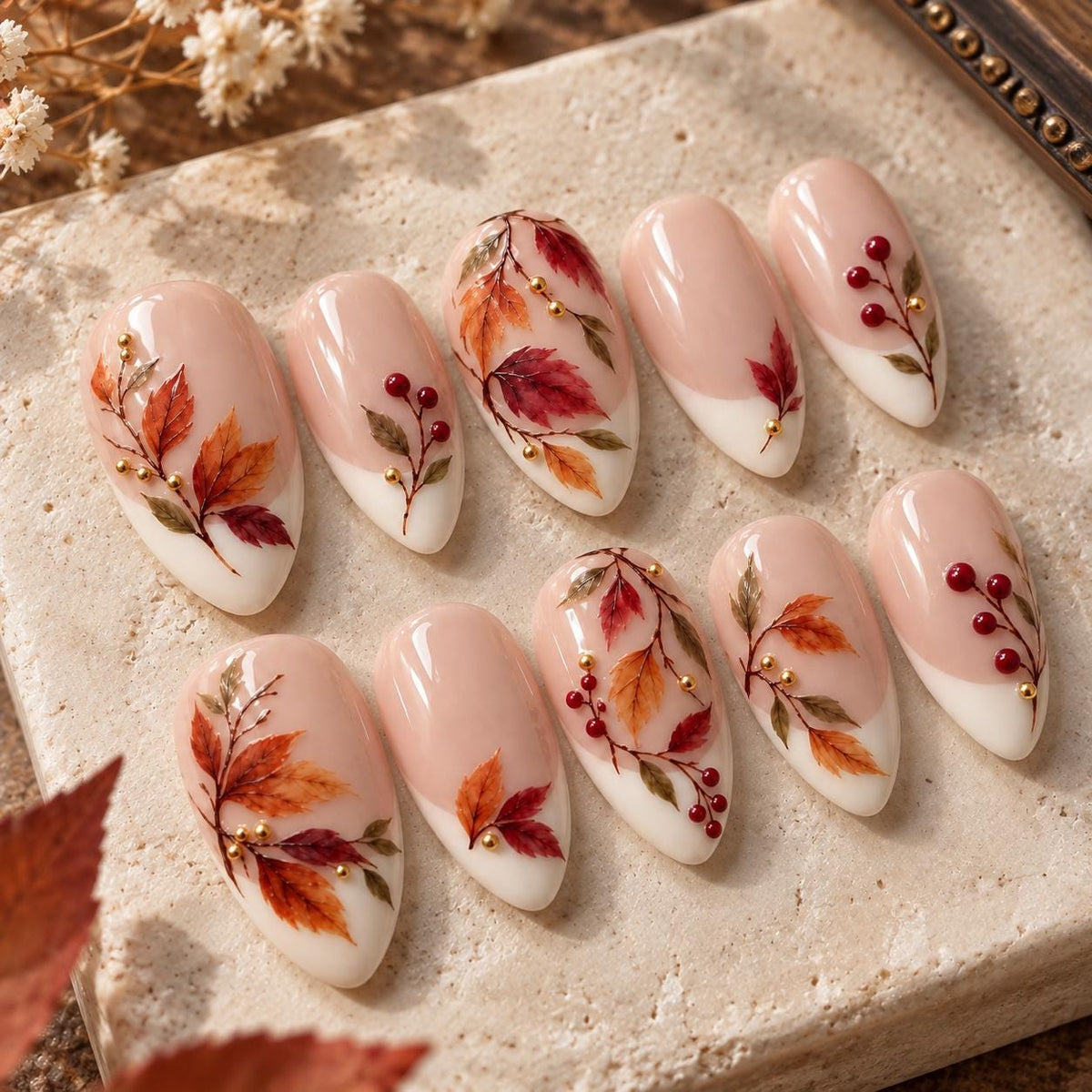 Autumn Leaf and Berry French Tip Press On Nails with Gold Accents