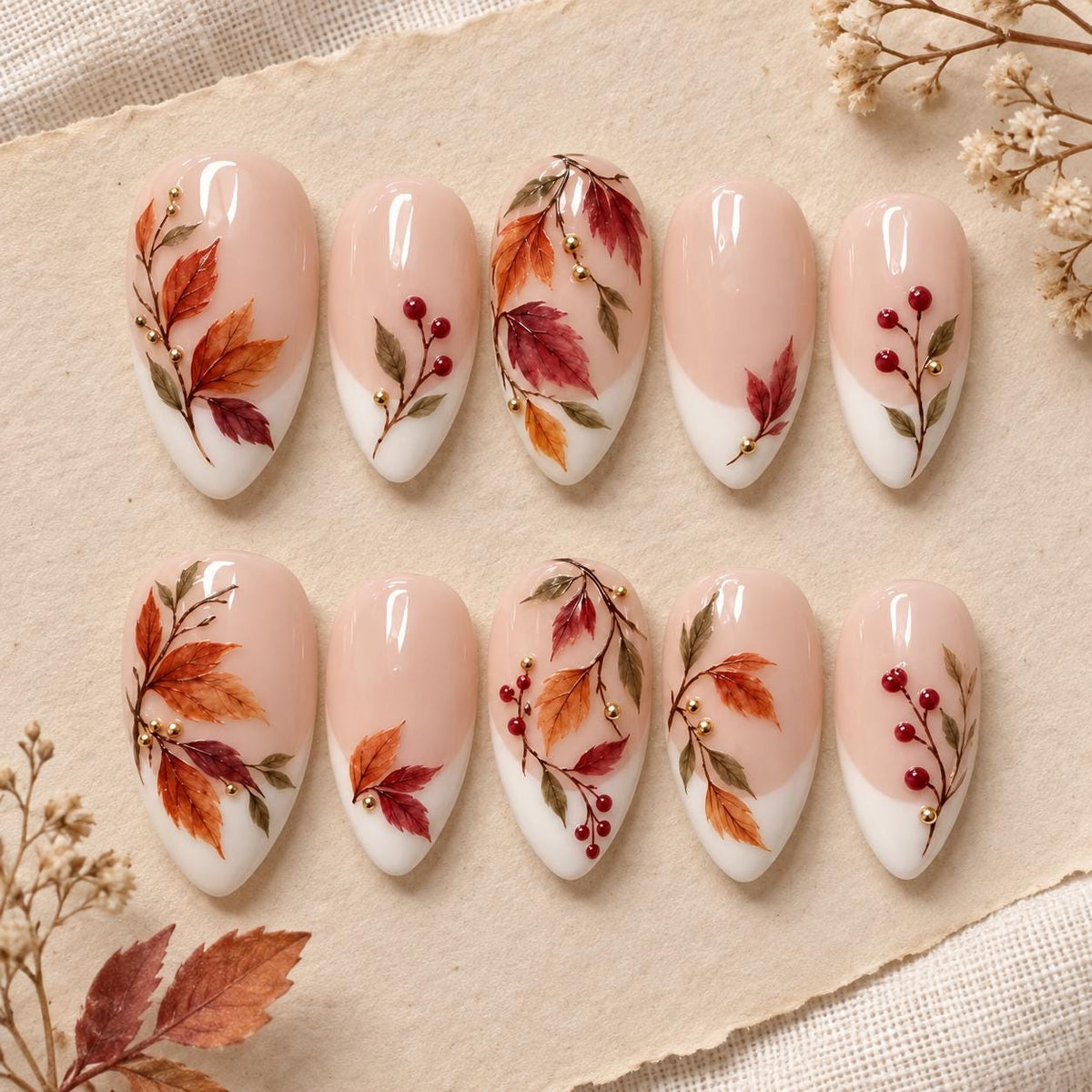 Autumn Leaf and Berry French Tip Press On Nails with Gold Accents