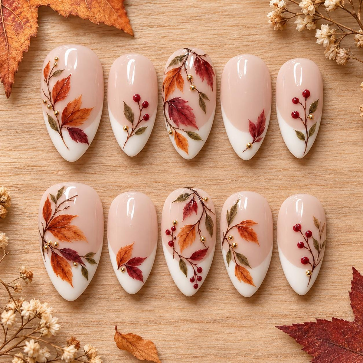 Autumn Leaf and Berry French Tip Press On Nails with Gold Accents