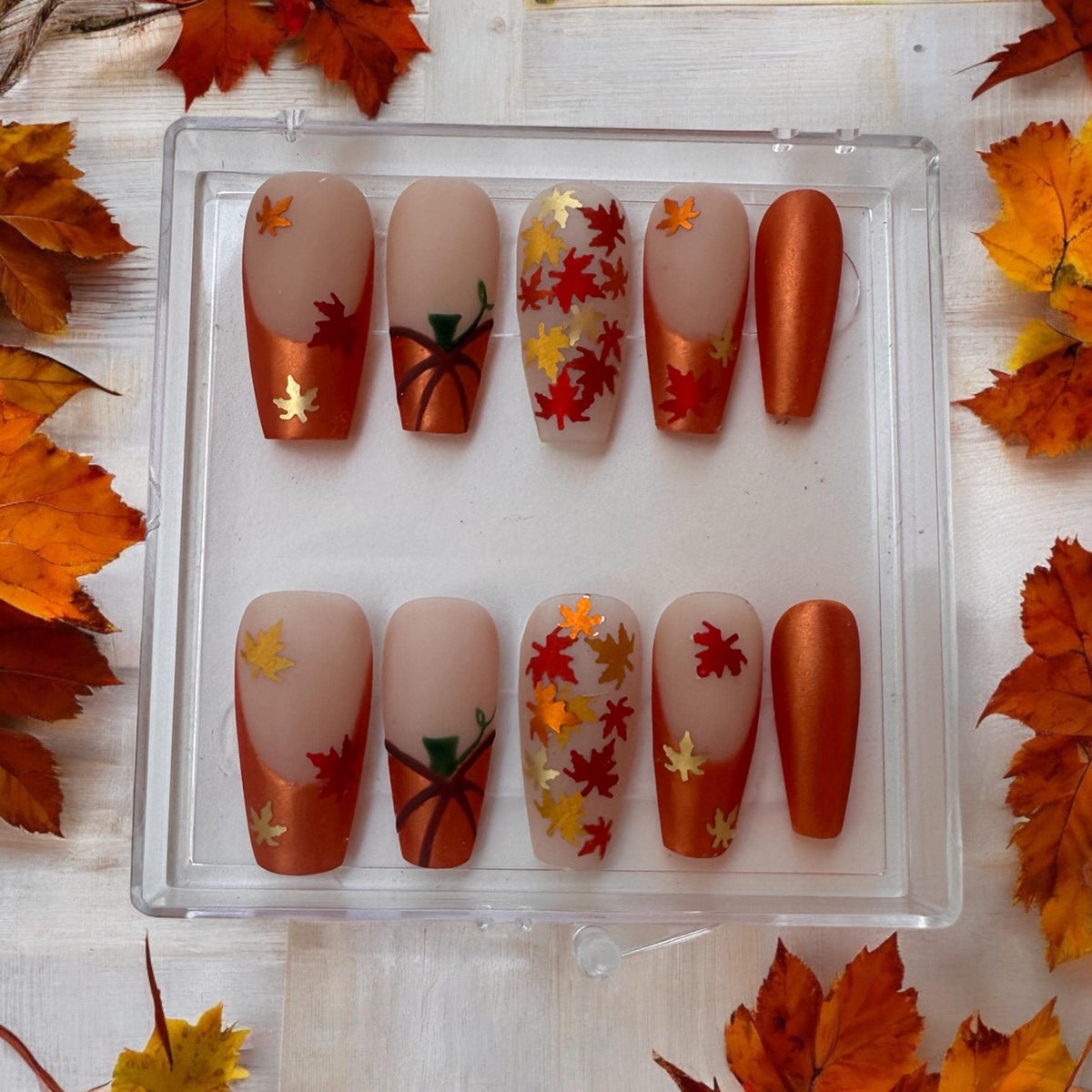 Autumn Leaf and Pumpkin Press-On Nail Set in Copper and Nude