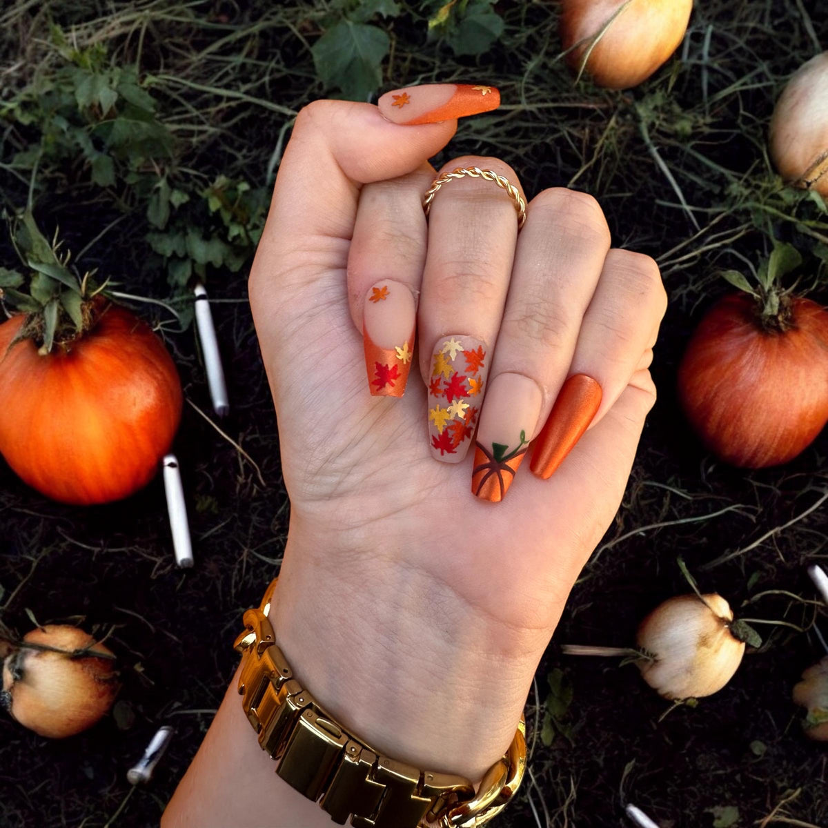 Autumn Leaf and Pumpkin Press-On Nail Set in Copper and Nude