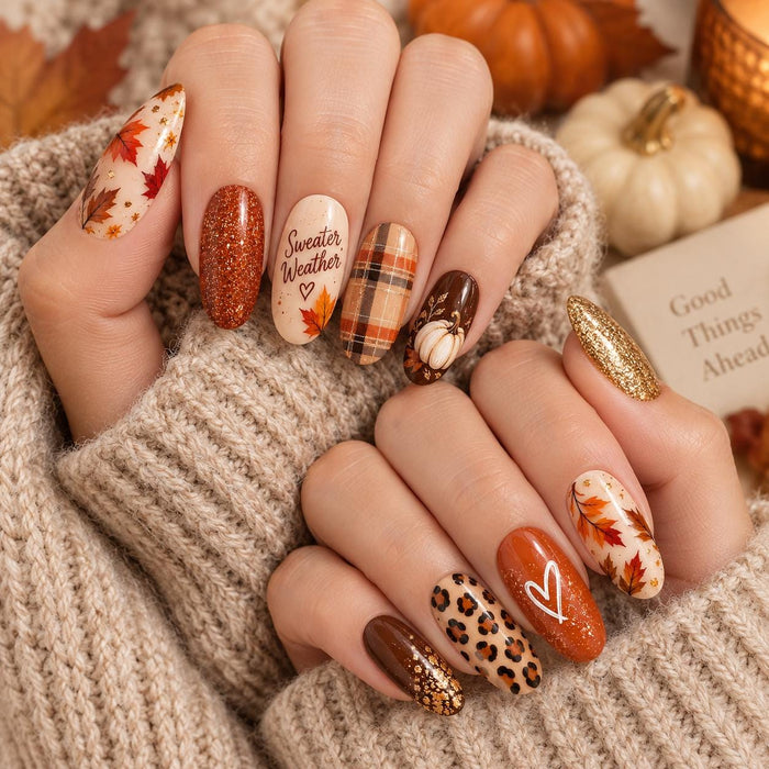 Autumn Leaf, Plaid & Leopard Press On Nails with Pumpkin and Glitter