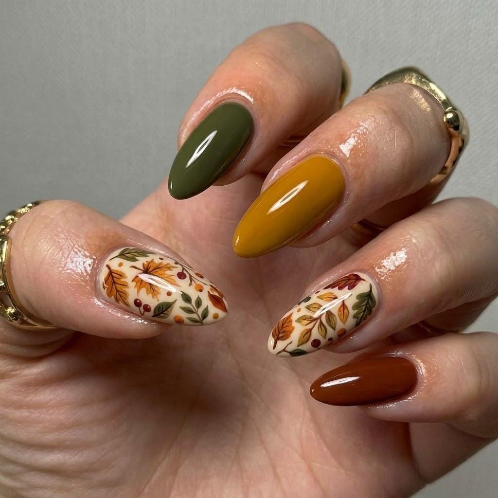 Autumn Leaf Press On Nails in Olive Green, Mustard, Brown and Cream