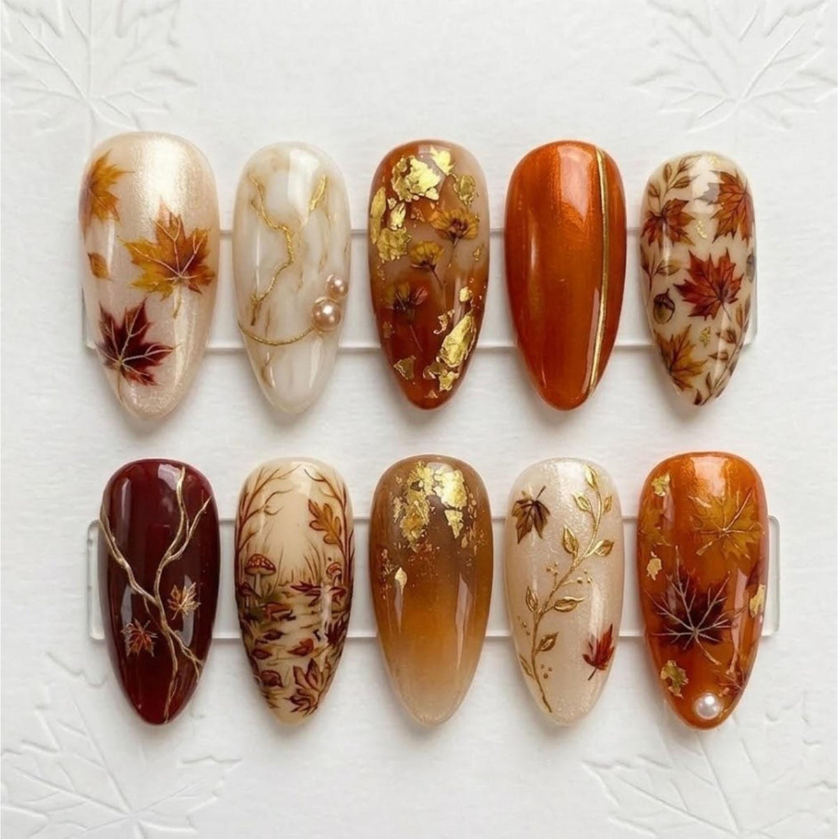 Autumn Leaf Press On Nails with Gold Foil and Botanical Branch Art