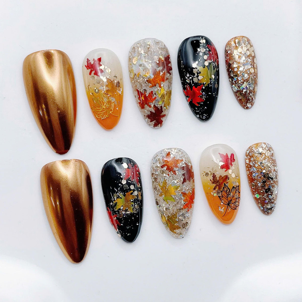 Autumn Leaf Press On Nails With Gold Metallic and Glitter