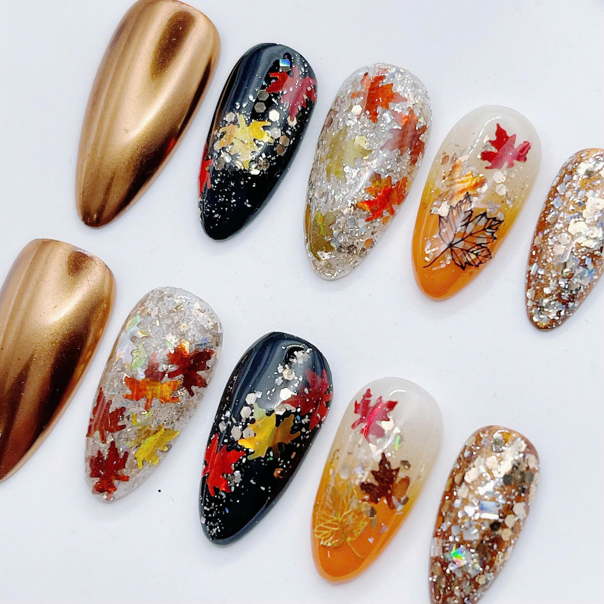 Autumn Leaf Press On Nails With Gold Metallic and Glitter