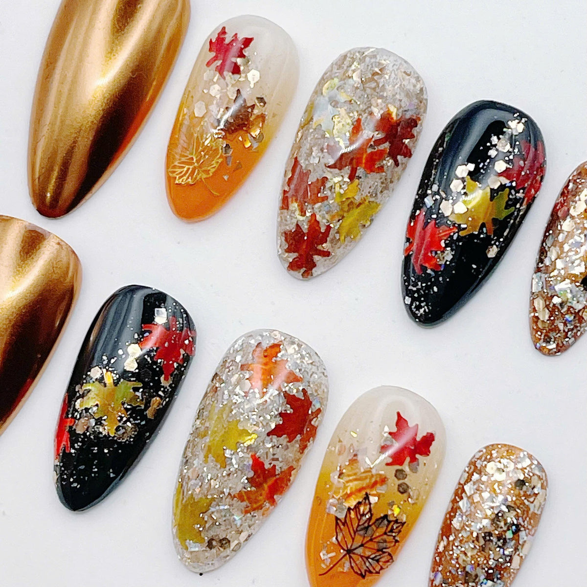 Autumn Leaf Press On Nails With Gold Metallic and Glitter