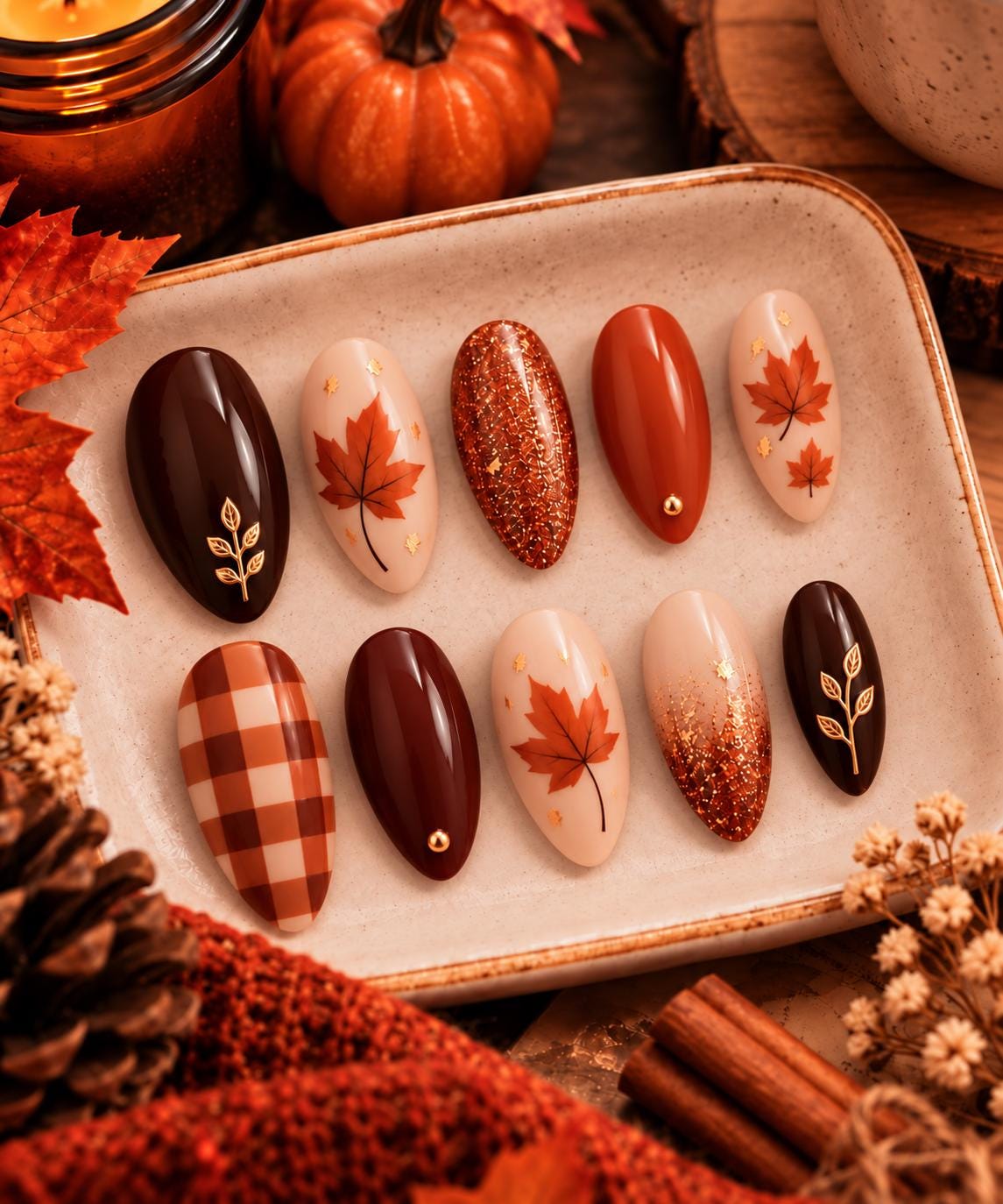 Autumn Maple Leaf and Gingham Press-On Nails in Burgundy and Terracotta