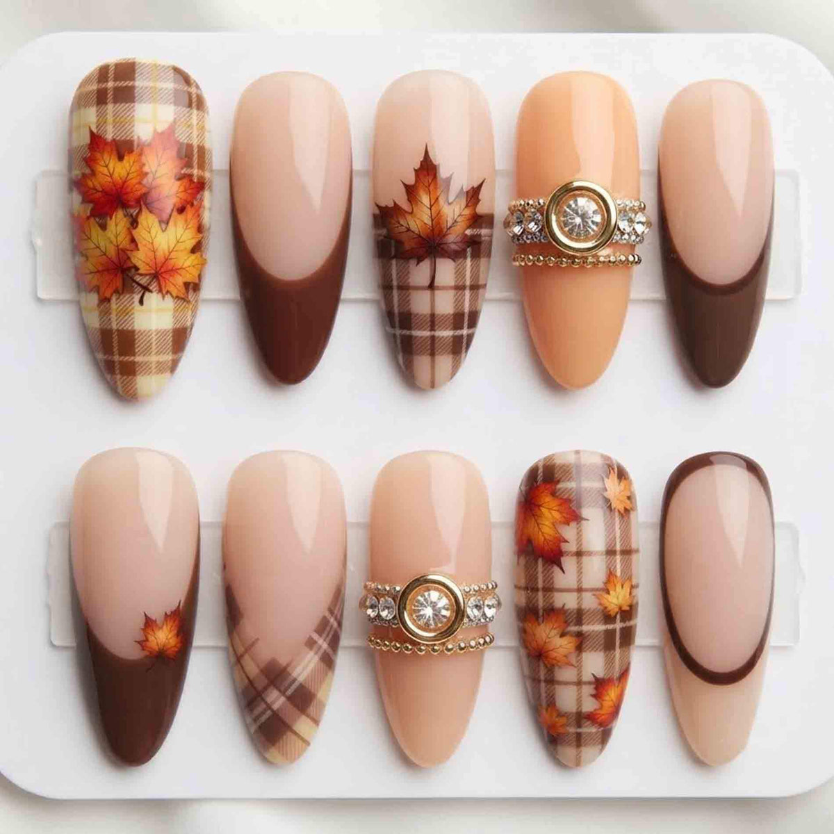 Autumn Maple Leaf and Plaid French Tip Nail Set with Rhinestone Charms