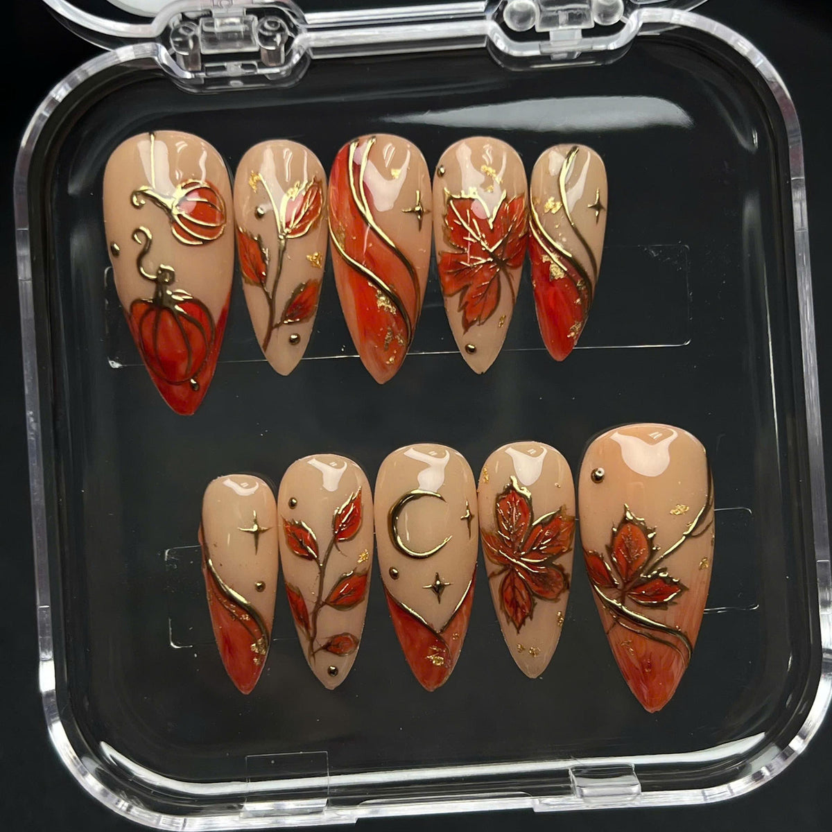 Autumn Maple Leaf and Pumpkin Press On Nail Set With Gold Details