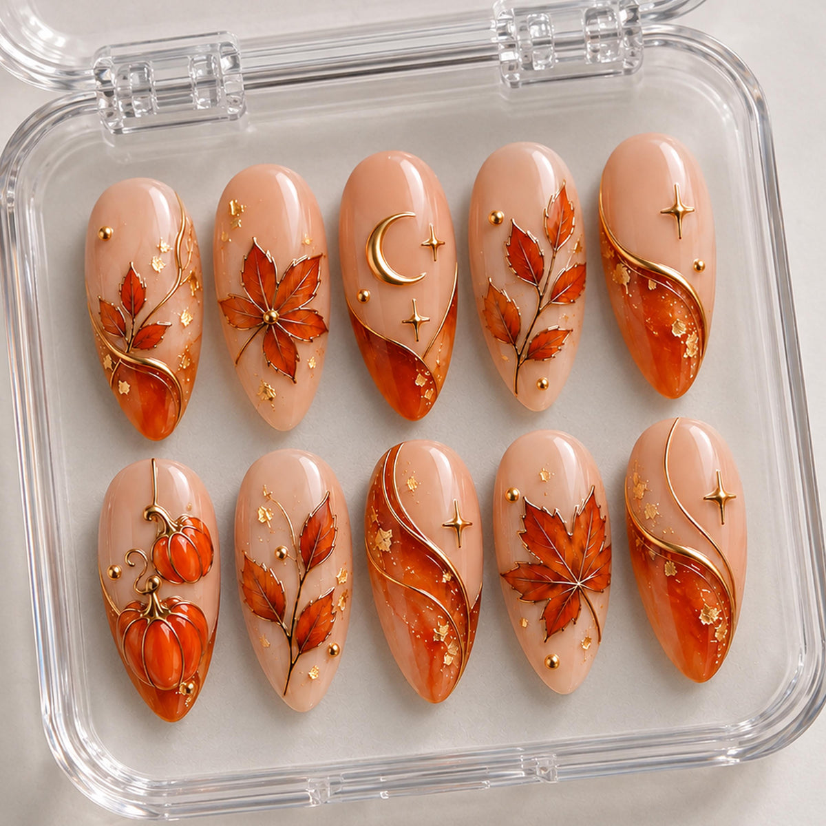 Autumn Maple Leaf and Pumpkin Press On Nail Set With Gold Details