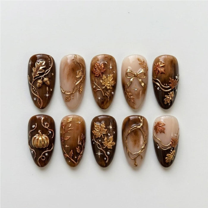 Autumn Maple Leaf and Pumpkin Press-On Nails with Tortoiseshell Details