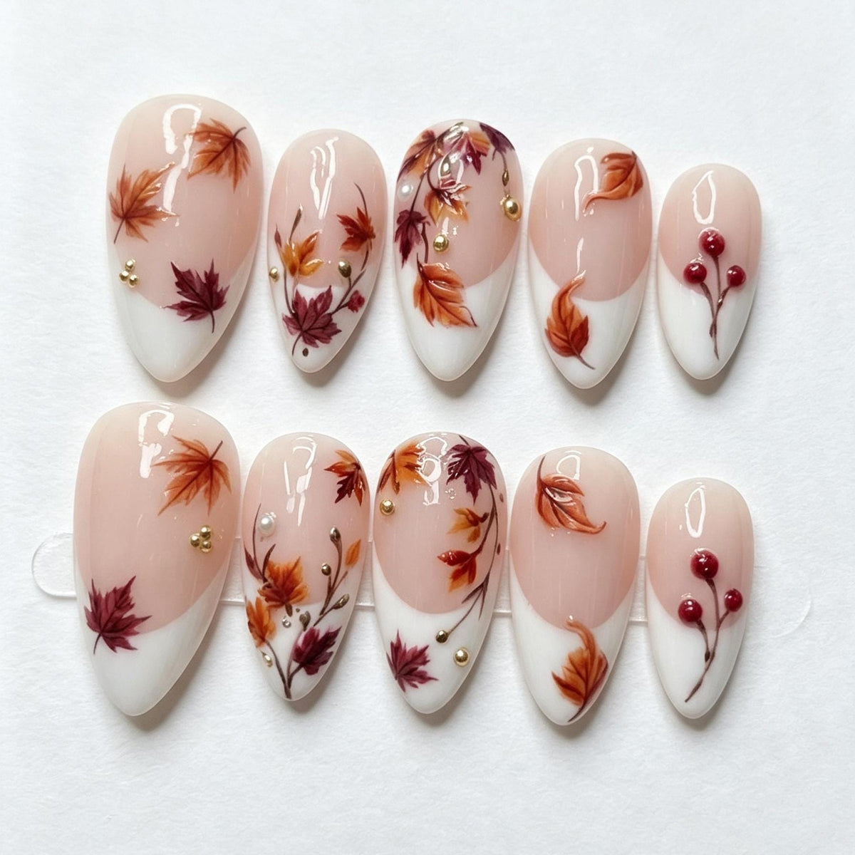 Autumn Maple Leaf French Tip Nail Set with Berries, Gold and Pearl Accents