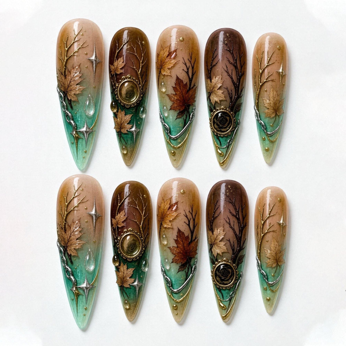 Autumn Maple Leaf Nail Set with Emerald Green, Brown and Gold Chain Charms