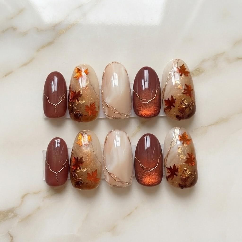 Autumn Maple Leaf Press-On Nail Set With Brown, Copper and Gold Foil