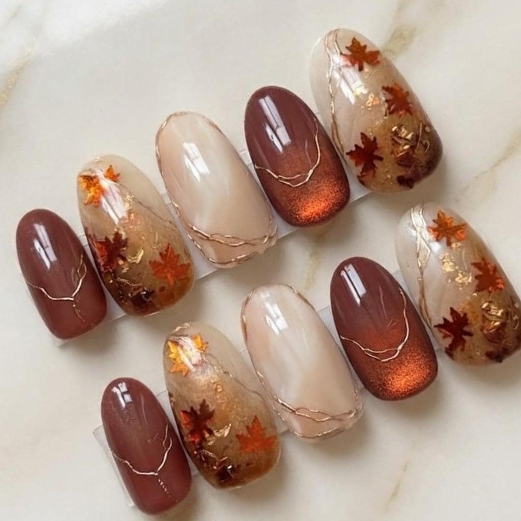 Autumn Maple Leaf Press-On Nail Set With Brown, Copper and Gold Foil
