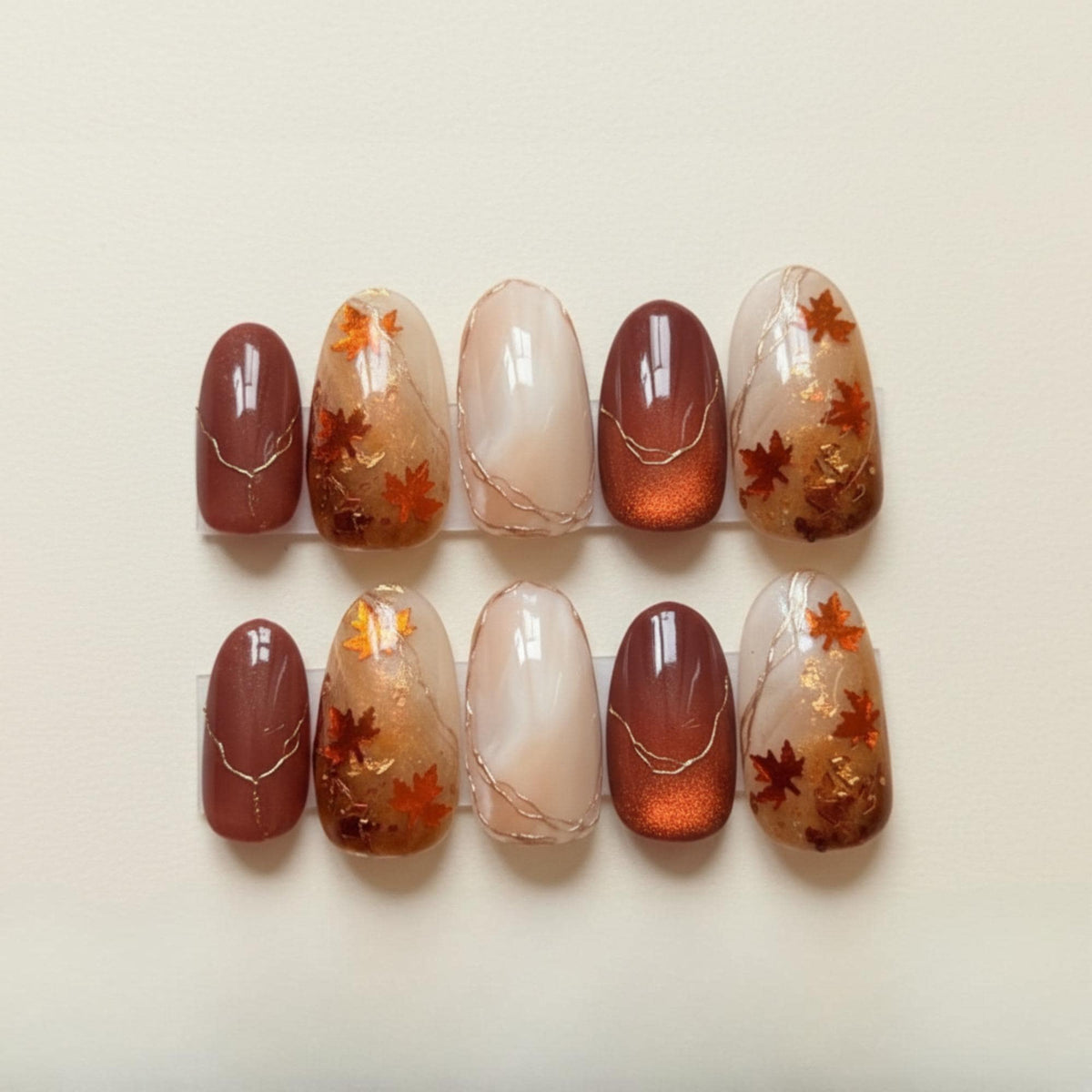 Autumn Maple Leaf Press On Nails with Copper, Gold Foil & Fine Veining