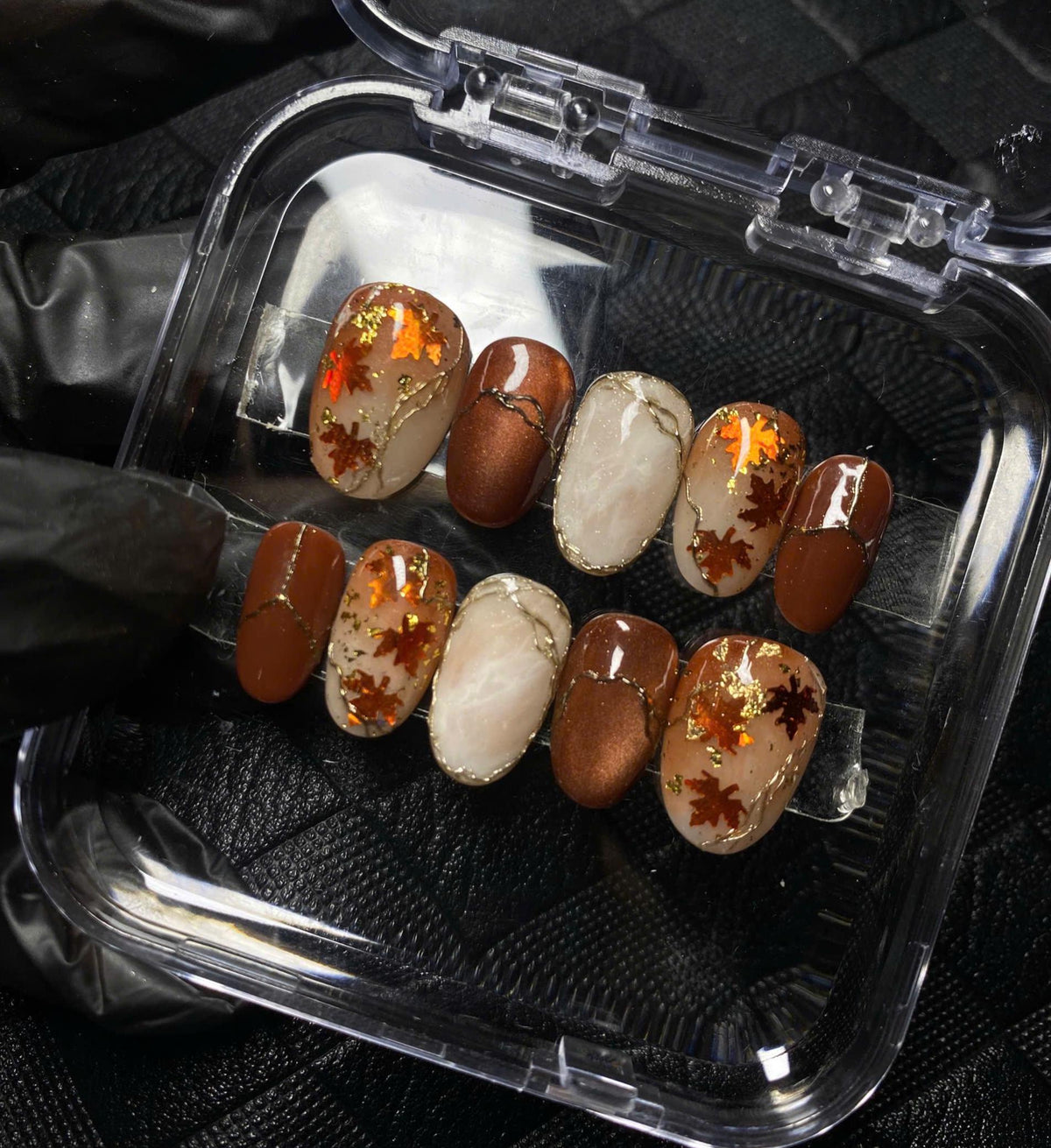Autumn Maple Leaf Press On Nails with Copper, Gold Foil & Fine Veining