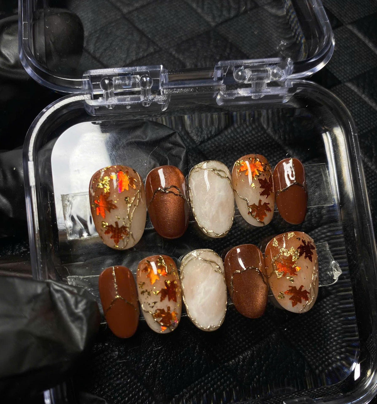 Autumn Maple Leaf Press On Nails with Copper, Gold Foil & Fine Veining