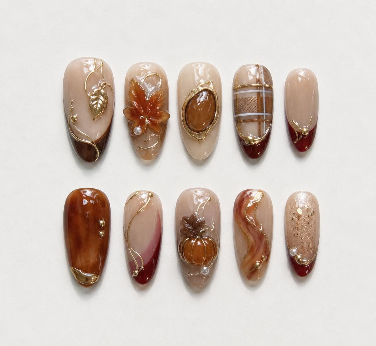 Autumn Maple, Pumpkin, and Plaid Press-On Nail Set