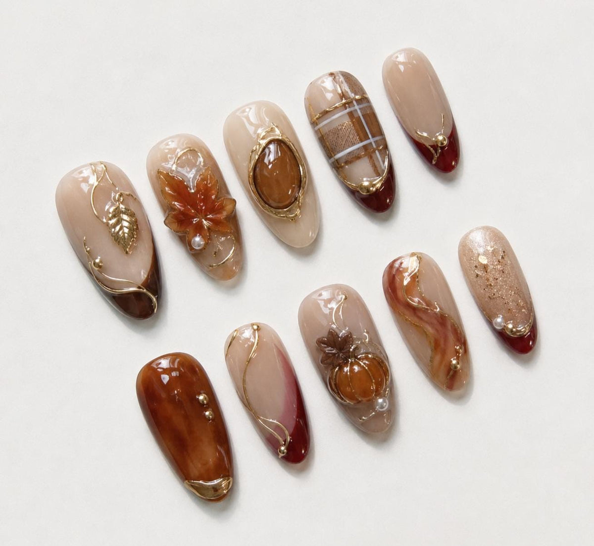 Autumn Maple, Pumpkin, and Plaid Press-On Nail Set
