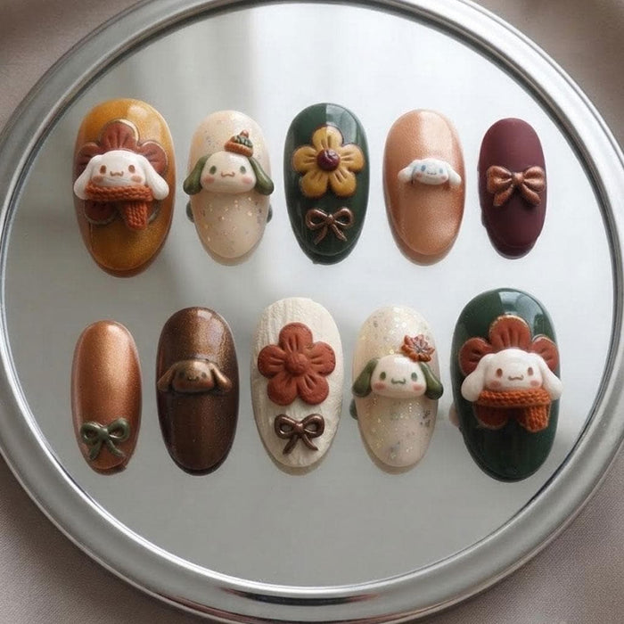 Autumn Mushroom Character Press On Nails with 3D Flowers and Bows