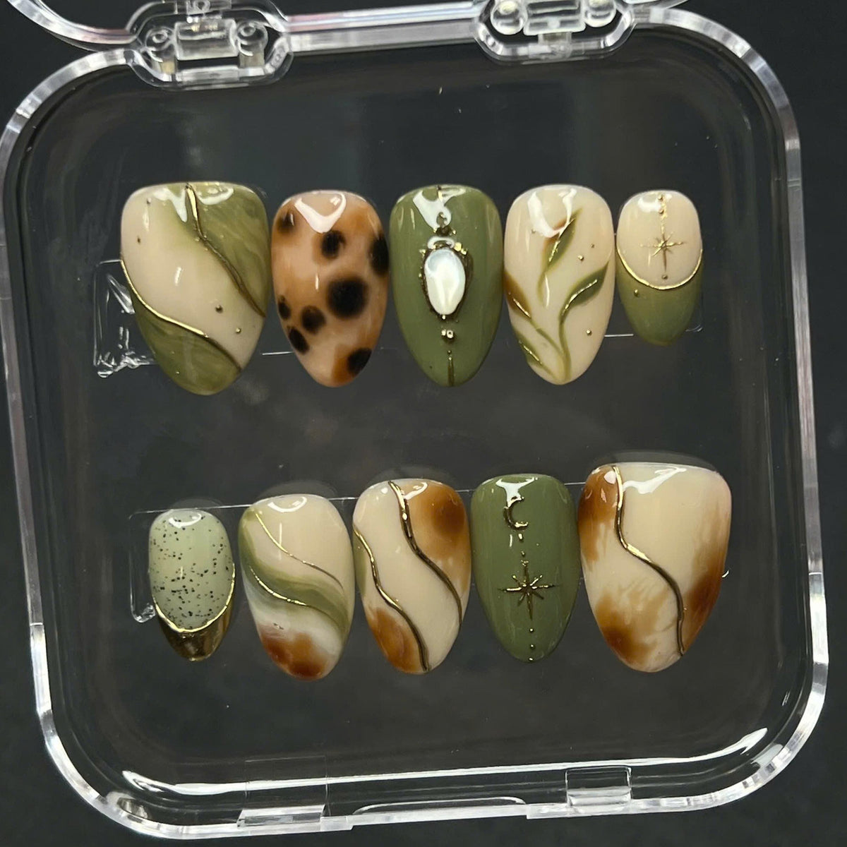 Autumn Olive Green and Tortoiseshell Marble Nails with Gold Botanical and Celestial Details