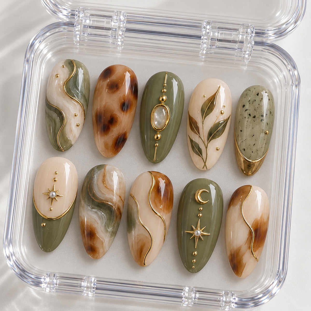 Autumn Olive Green and Tortoiseshell Marble Nails with Gold Botanical and Celestial Details
