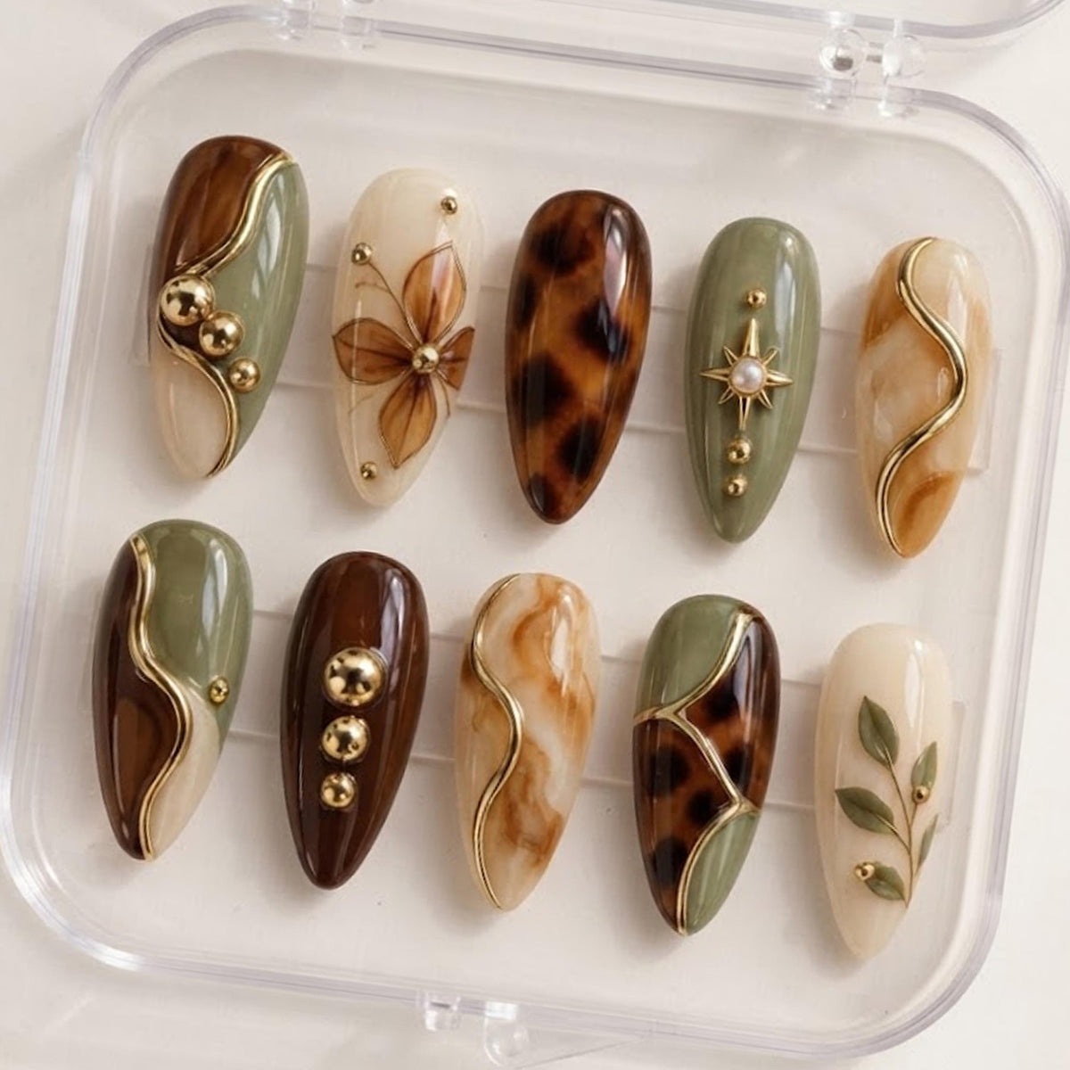 Autumn Olive Green and Tortoiseshell Nails with Gold Botanical Accents